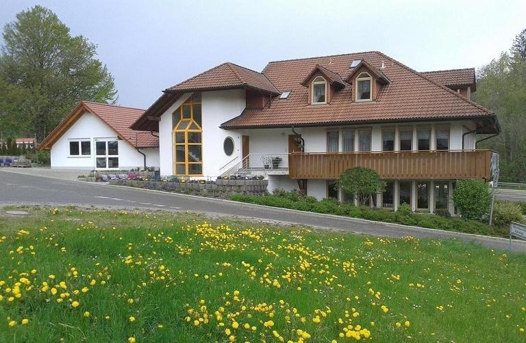 a house on the side of a road with a field of flowers at DZT-Schwarzwaldhotel garni in Unterkirnach