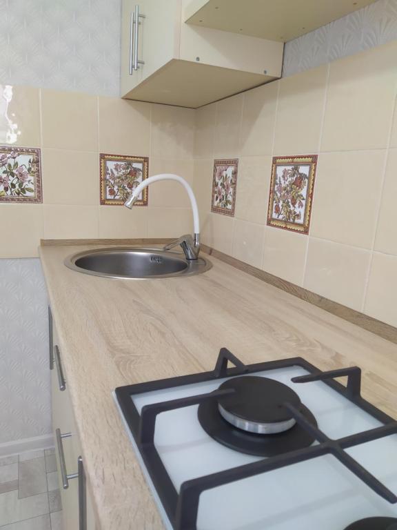 ein Kochfeld in einer Küche mit Spüle in der Unterkunft Уютные апартаменты в центре города in Oral