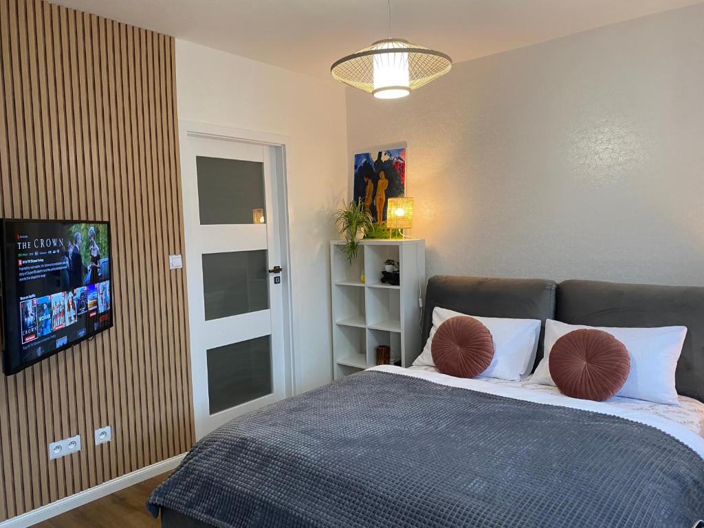 een slaapkamer met een bed en een flatscreen-tv bij Ostrava Poruba Centre in Ostrava