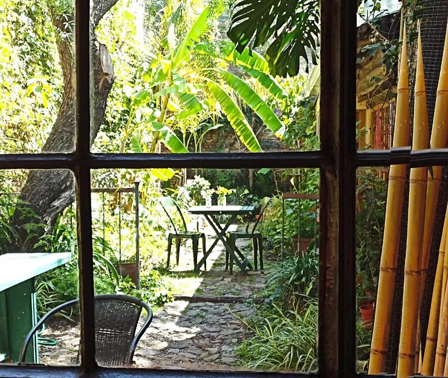 a window view of a garden with a table and chairs at Taller de artista in Colonia del Sacramento
