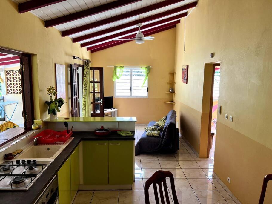een keuken met groene kasten en een woonkamer bij Le nid des aigles in Sainte-Rose