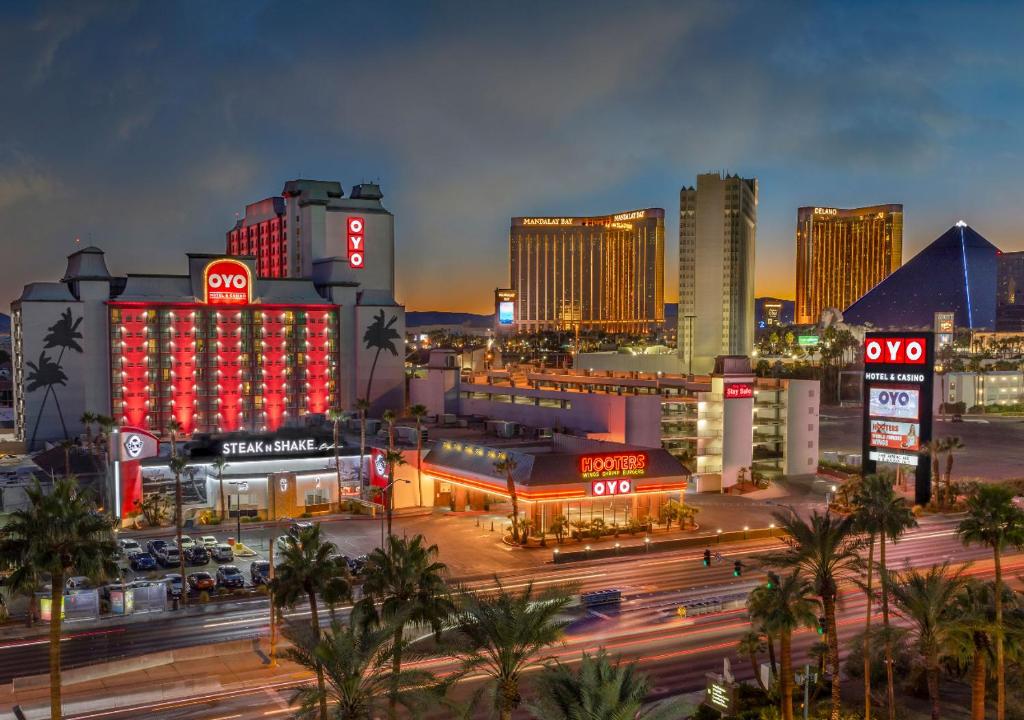 a view of a city at night at OYO Hotel and Casino Las Vegas in Las Vegas