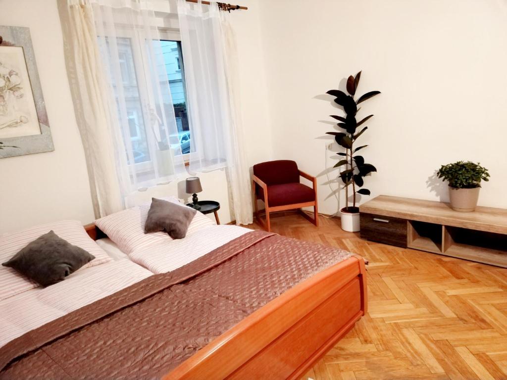 een slaapkamer met een bed, een stoel en een raam bij Apartmán Isabel in Děčín