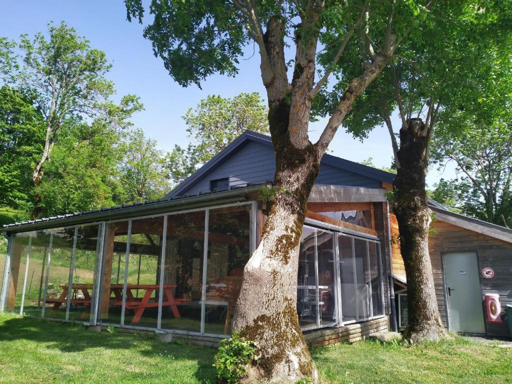 une maison avec des fenêtres en verre et un arbre dans l'établissement Les Gites de Vulcain, à Rochefort-Montagne
