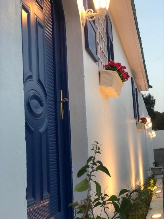 a blue door on a white building with flowers in a window at Altaraf Resort in Al Shafa