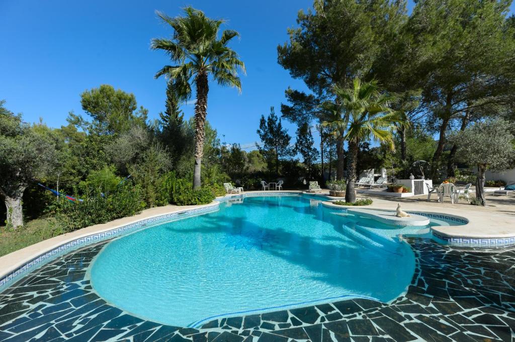 a swimming pool with blue water and palm trees at Villa Can Sarrio in Sant Carles de Peralta