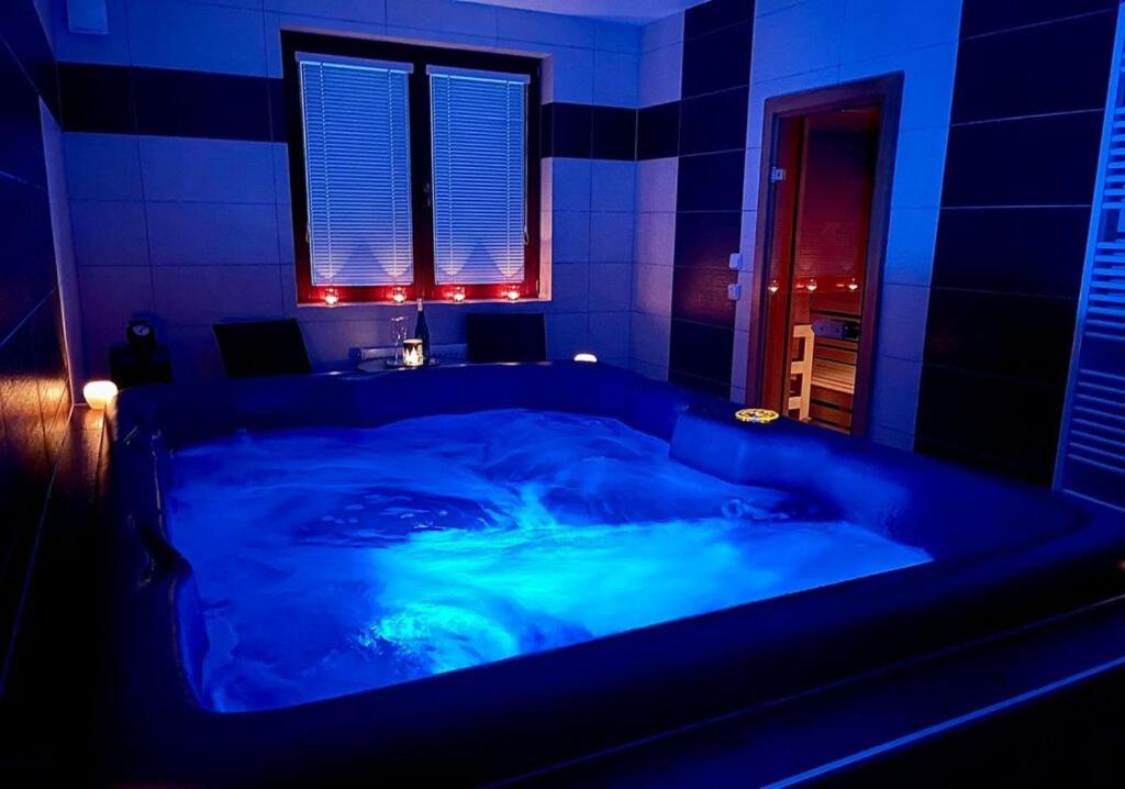 a blue bath tub in a room with a blue at Relaxklub villa s wellness in Třemošná