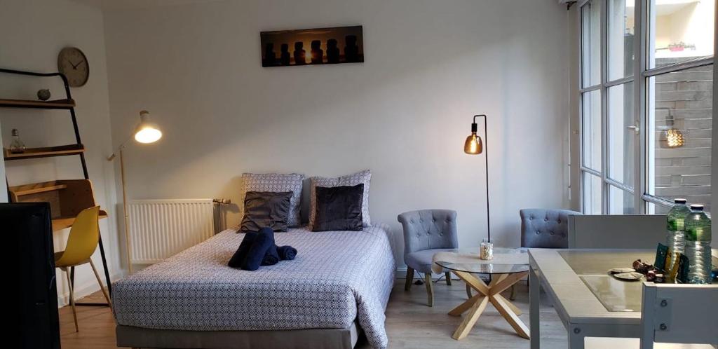 1 dormitorio con 1 cama y 1 mesa con sillas en La Pléiade Dorée - Extra Centre - Wifi HD - Terrasse & Jardin en Amiens