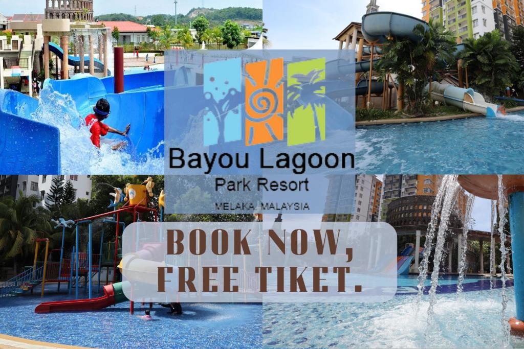 a collage of photos of a water park at TOP 1 family trip relax resort in melaka pecuma water park tiket in Melaka