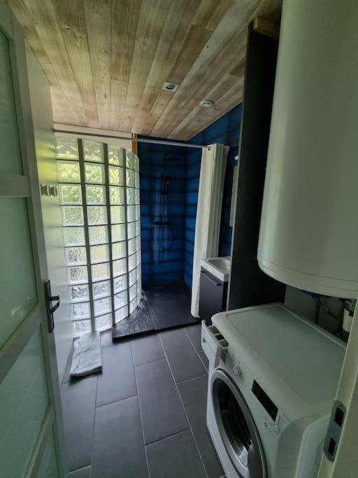 a bathroom with a washing machine in a room at La Cabane aux Acacias~vacances nature et au calme in Mézos