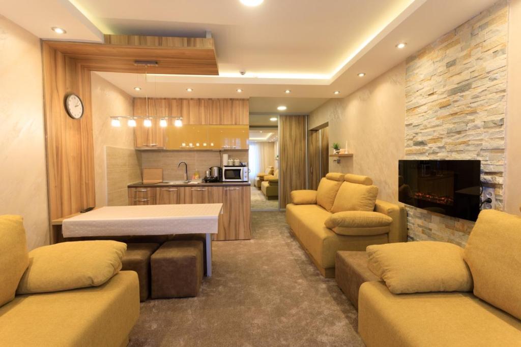 uma sala de estar com sofás e uma mesa e uma cozinha em Apartments Andrejic em Kopaonik