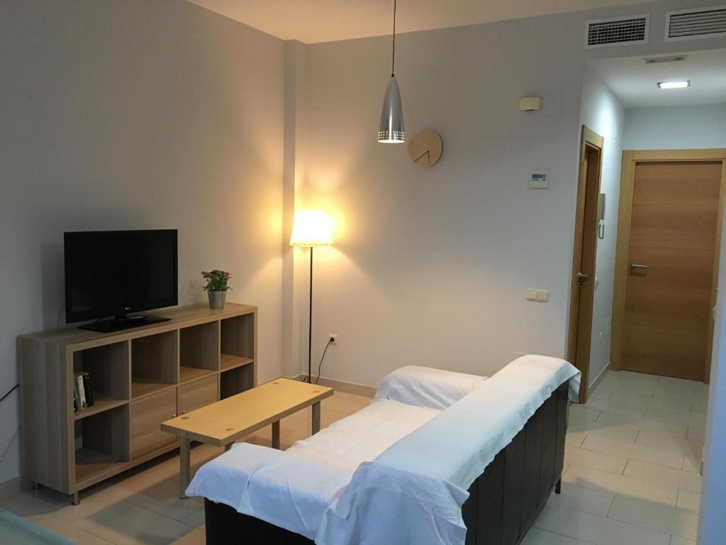 um quarto de hospital com duas camas e uma televisão em Apartamentos El Palo em Málaga