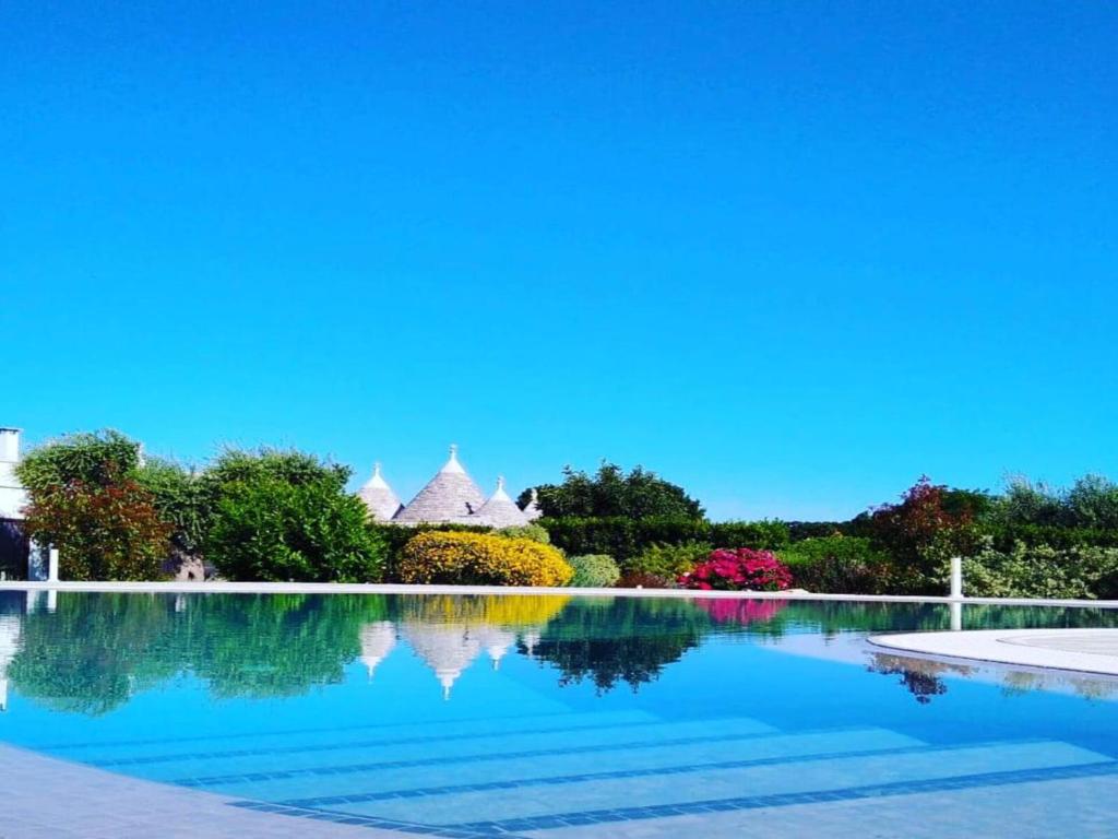 una piscina de agua con una casa en el fondo en Trulli IsAgo, en Locorotondo