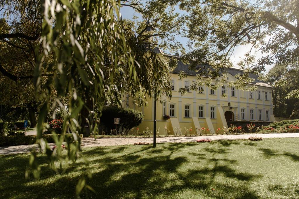 uma grande casa branca com uma árvore em frente em Hotel Zamek Chałupki em Ruderswald
