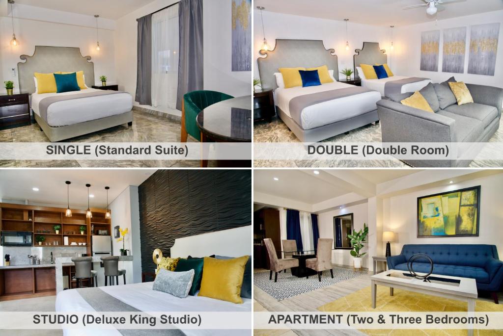 a collage of four pictures of a hotel room at Rio Suites in Tijuana