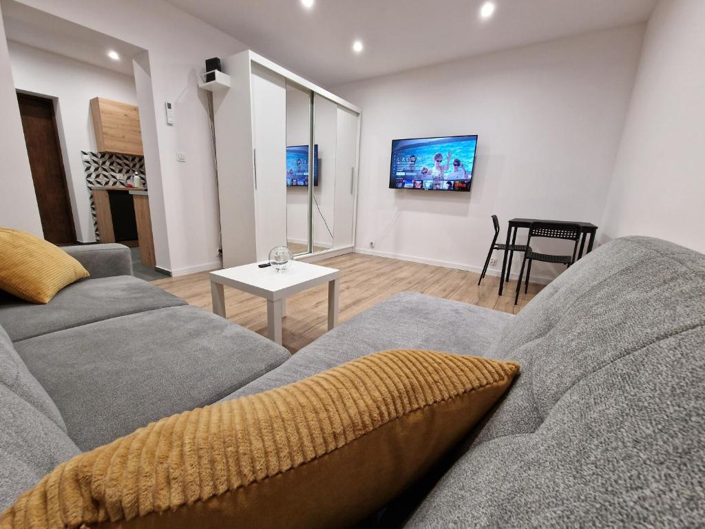 a living room with a couch and a table at Apartamenty w pełni wyposażone w CENTRUM MIASTA in Inowrocław