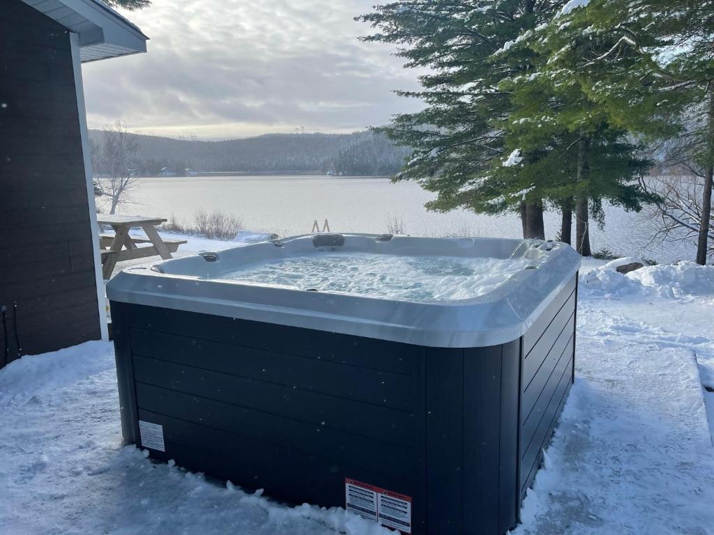 a hot tub in the snow next to a lake at Chalet le Huard directement au bord du lac in Saint Zenon