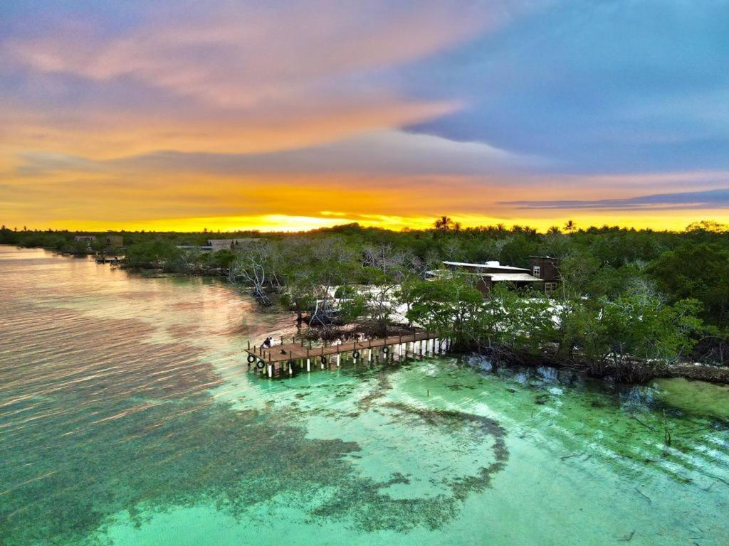Medusa Hostel Isla Tintipan في Tintipan Island: جزيرة في الماء عند غروب الشمس