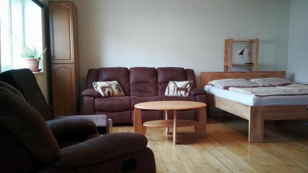 - un salon avec un canapé et une table dans l'établissement Celý dům s vybavenou kuchyní, koupelna s vířivkou, à Prague