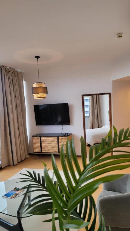 ein Wohnzimmer mit einem Sofa und einem TV in der Unterkunft Apartment T1 - Porto in Porto