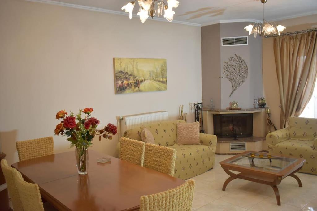 salon ze stołem, krzesłami i kominkiem w obiekcie Stefanos Apartment w mieście Tríkala
