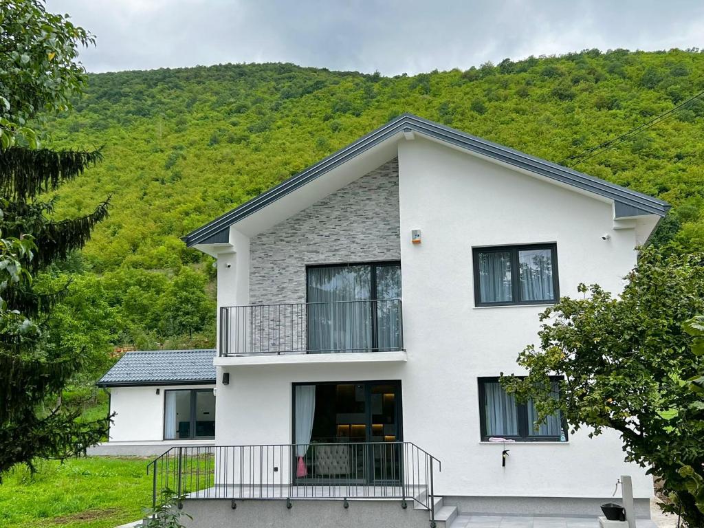 uma casa branca com uma montanha ao fundo em Villa Coral em Vrelo Bosne