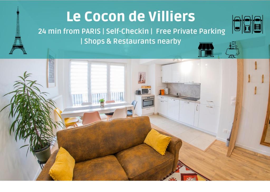 a living room with a couch and a kitchen at Paris & DisneyLand - 2min From Train Station - Free Private Parking in Villiers-sur-Marne