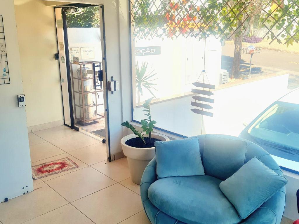 un sofá azul en una sala de estar con una planta en Acqua Flats Jaguariúna en Jaguariúna