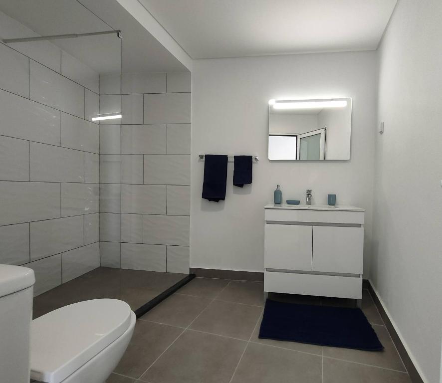 uma casa de banho com um WC, um lavatório e um espelho. em Madeira Blue House na Calheta
