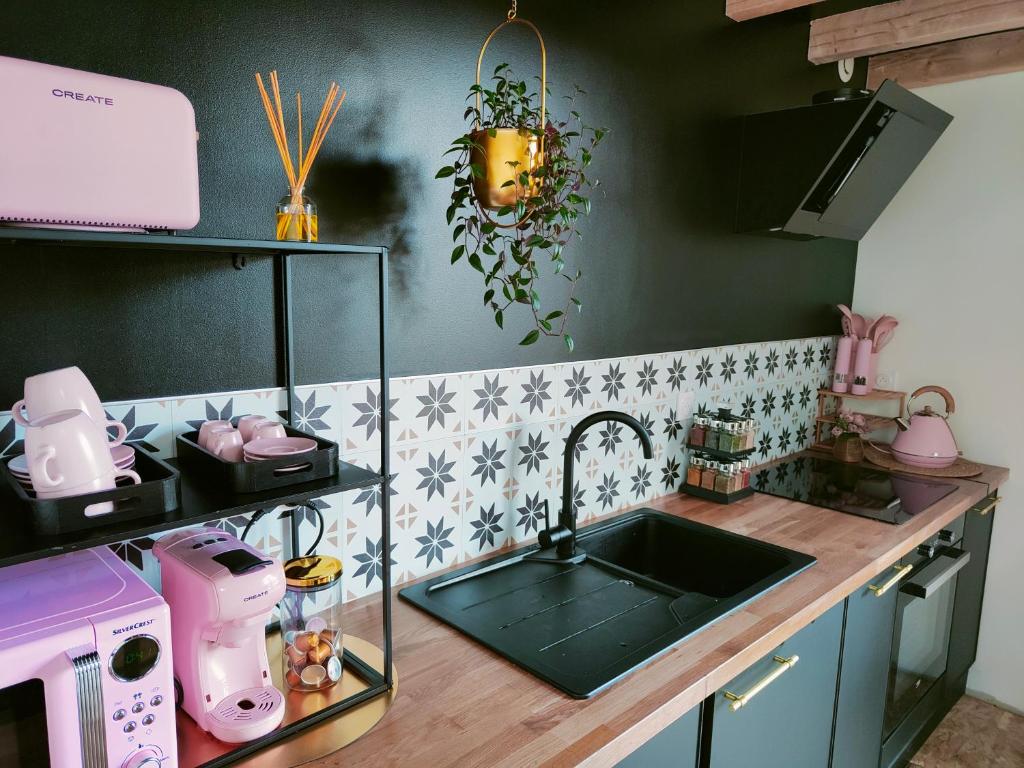 eine Küche mit einer Spüle und einer Theke in der Unterkunft Dans les étoiles in Cuttura