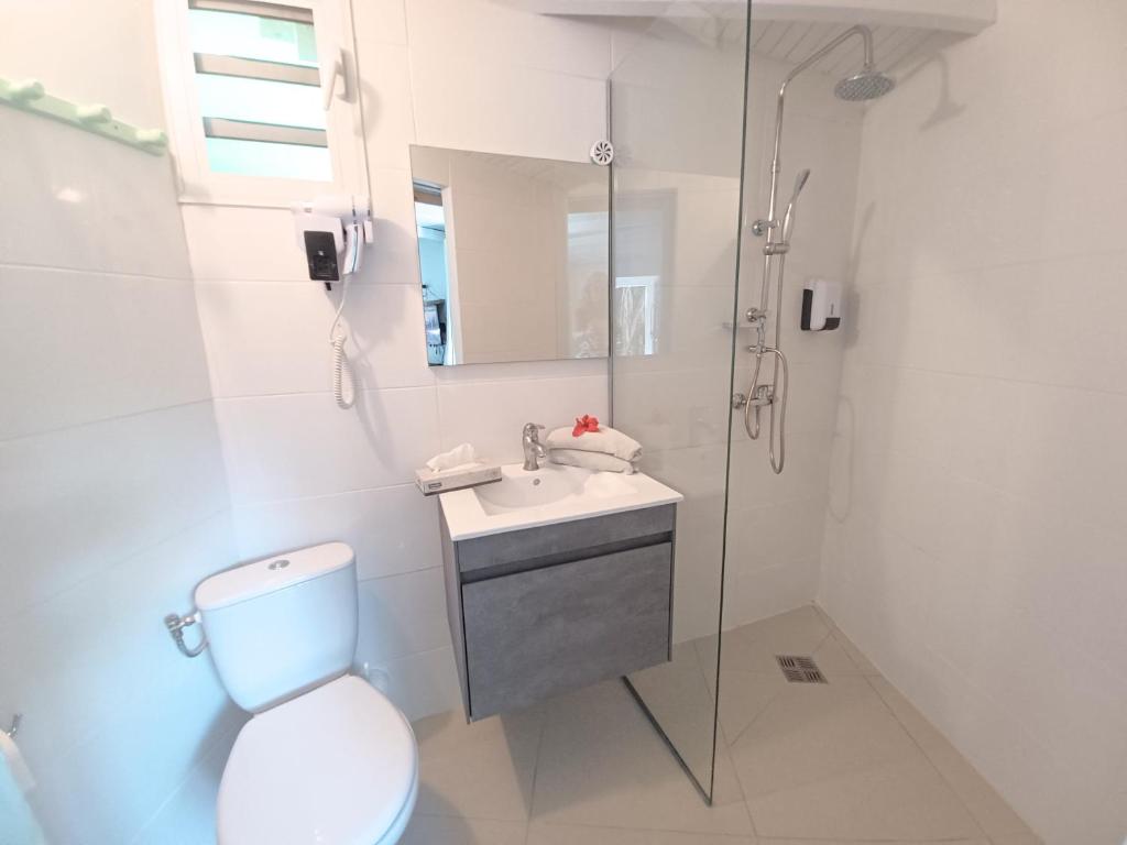 a bathroom with a toilet and a sink and a shower at La Rose du Bresil Marie-Galante in Capesterre