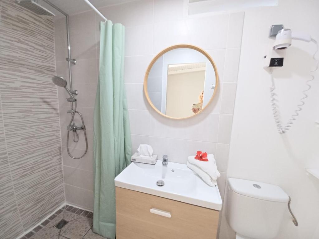 a bathroom with a shower and a toilet and a sink at La Rose du Bresil Marie-Galante in Capesterre