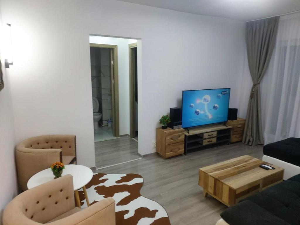 a living room with a couch and a tv at Breaza Comfort Apartment in Breaza