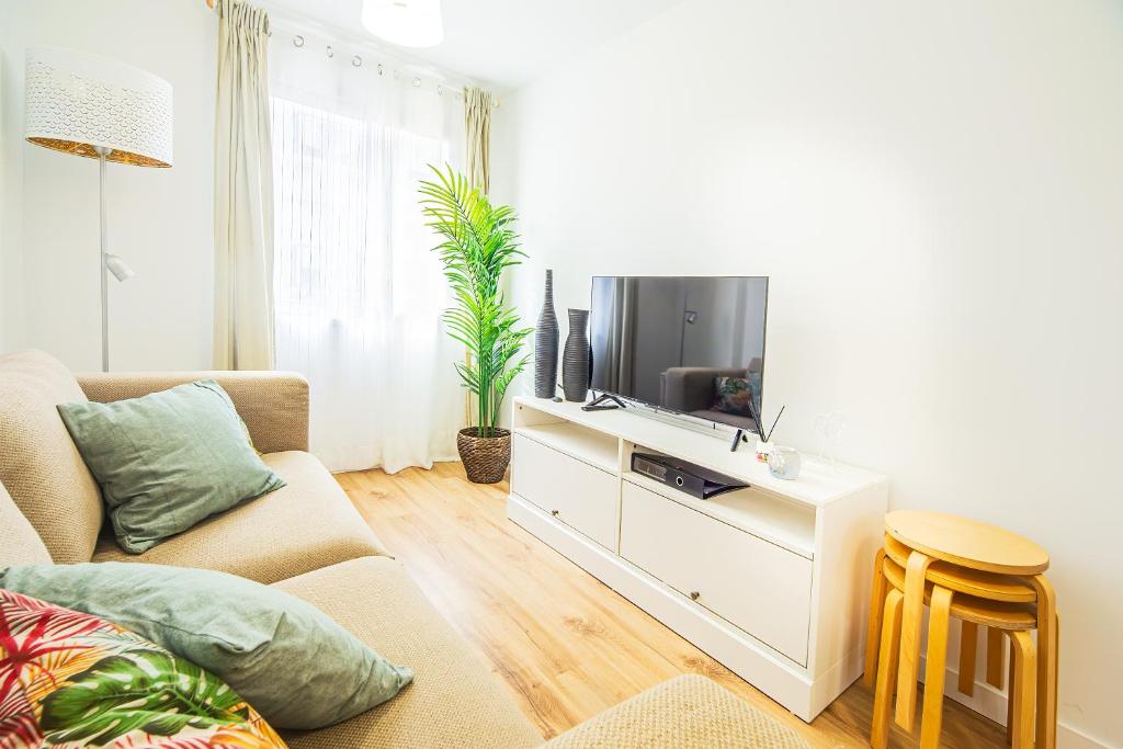 uma sala de estar com uma televisão e um sofá em CARTAGENAFLATS, Apartamentos Anfiteatro Romano 4B em Cartagena
