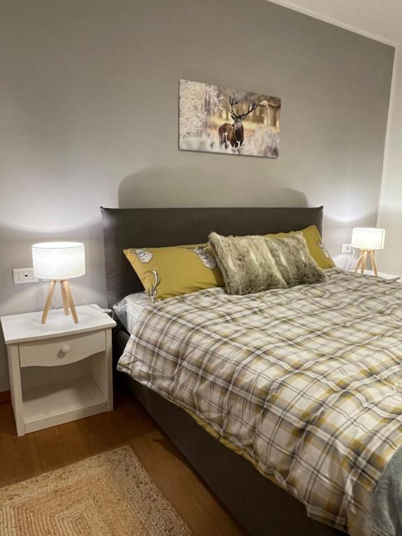 una camera da letto con un letto con copriletto scozzese di Appartamento Verena a Dobbiaco