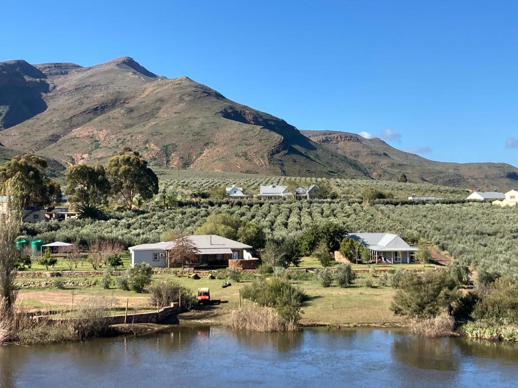 een dorp aan de rivier met een berg op de achtergrond bij Riverbend Farm in Robertson