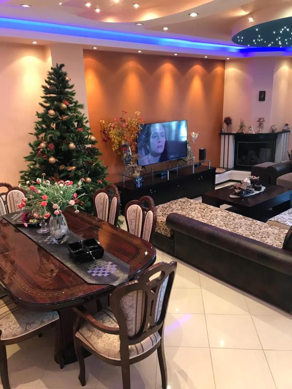 a living room with a christmas tree and a television at Apartament in Aridaia
