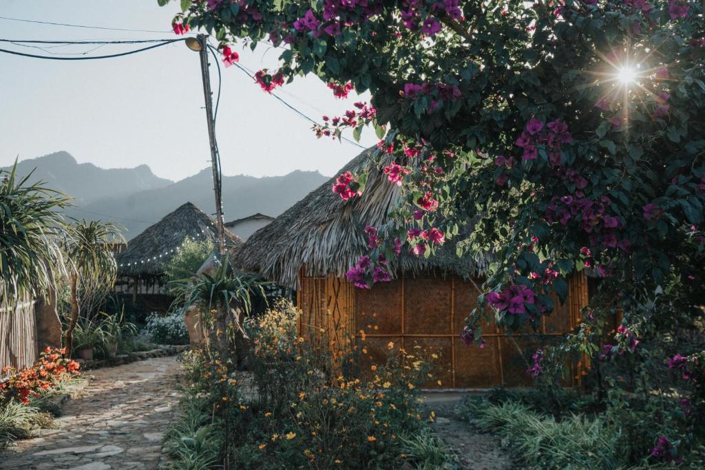 a small house with a thatched roof with flowers at SAKURA House - Vườn Đào in Mộc Châu