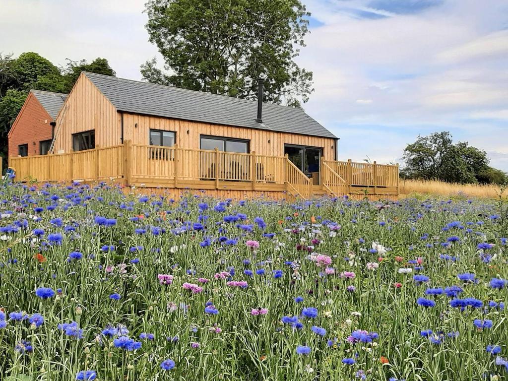 a field of flowers in front of a wooden building at Bournes Homestead in Hagwothingham
