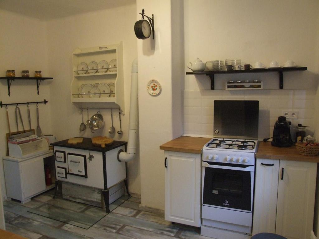 a small kitchen with a stove and a sink at Vidám csendes természetközeli falusi szálláshely . in Badacsonytördemic