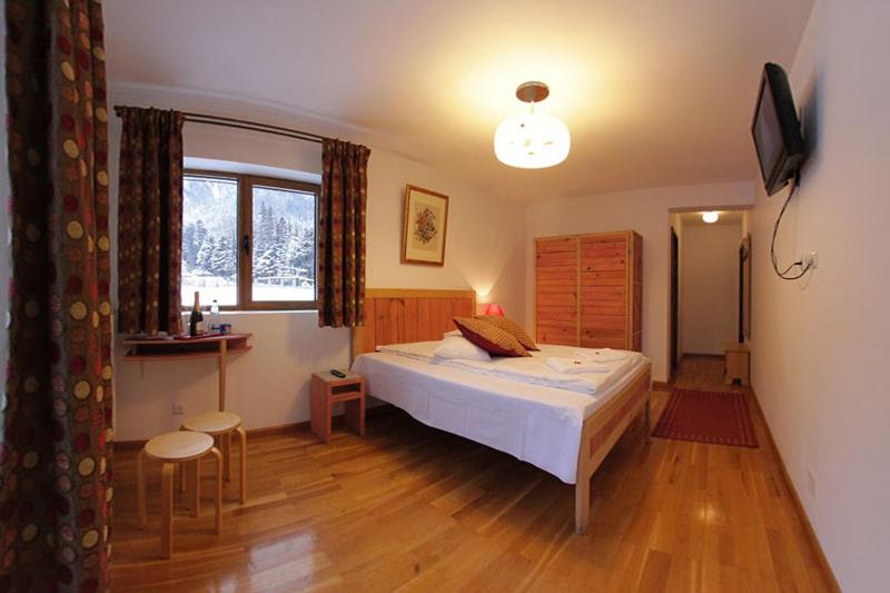 a bedroom with a bed and a window and a tv at Pensiunea Turistica Villa Ermitage in Buşteni