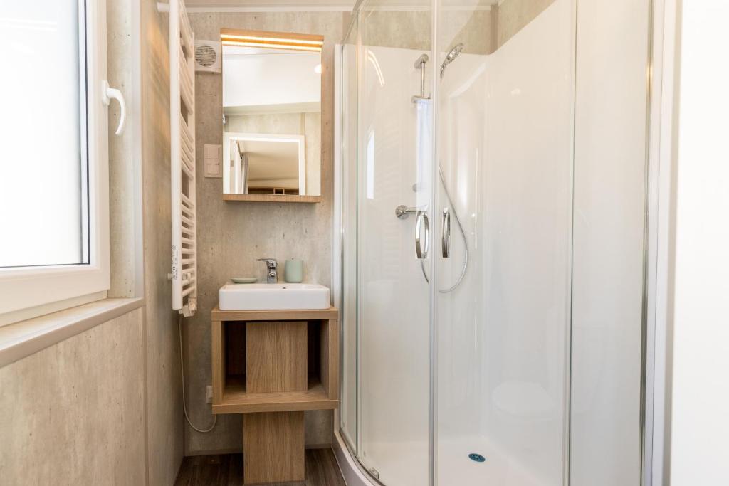 a bathroom with a shower and a sink at Landgut Michlshof - Bauernhof, Tinyhouse, Tiere in Untergriesbach