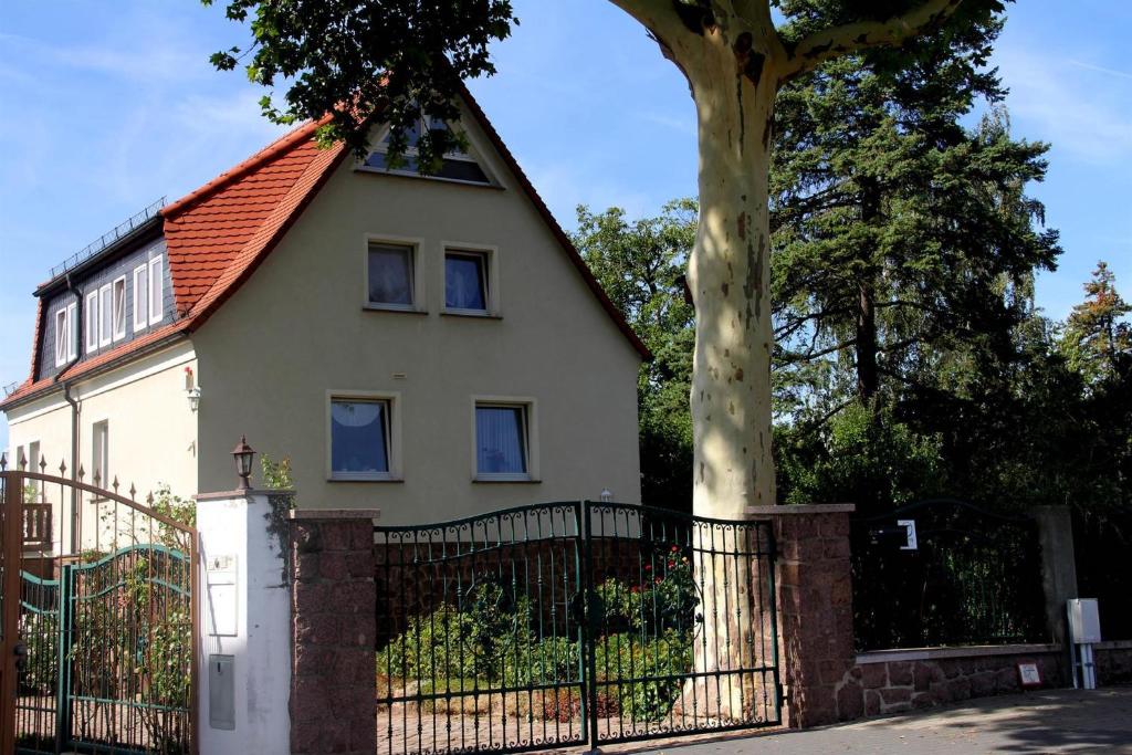 Biały dom z płotem i drzewem w obiekcie Pension Elbblick Sabine Zuschke w mieście Miśnia