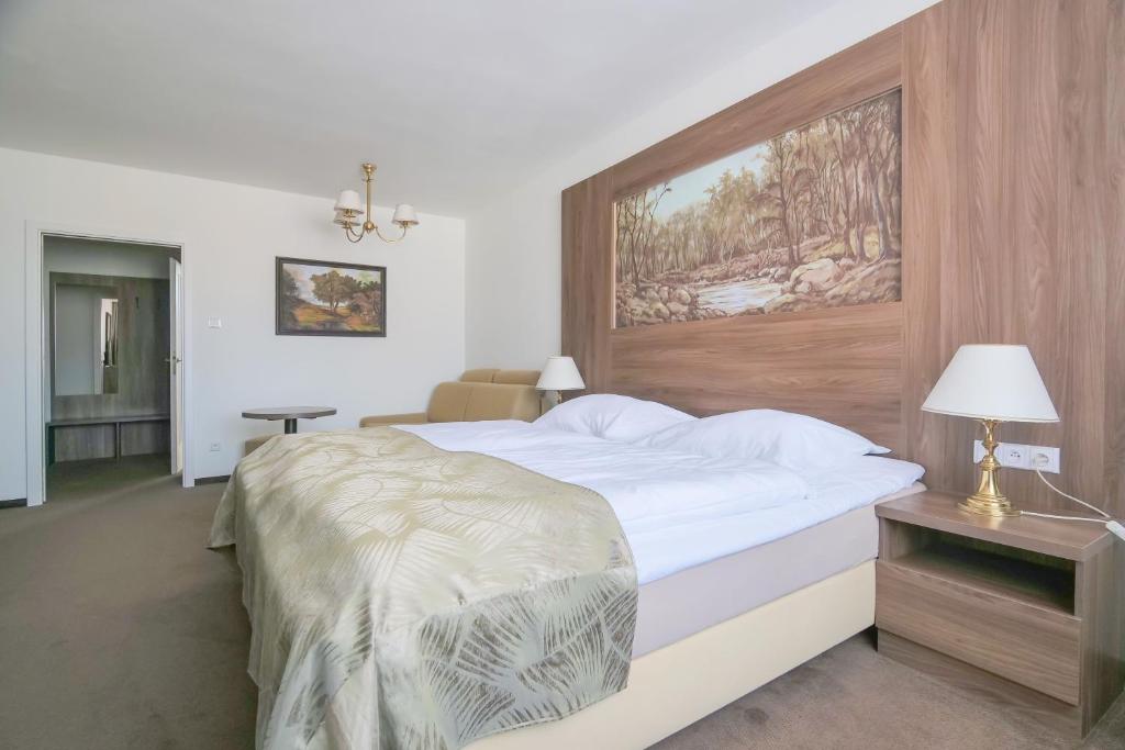 een slaapkamer met een groot wit bed met een houten hoofdeinde bij Hotel Zlatá Hvězda in Litomyšl