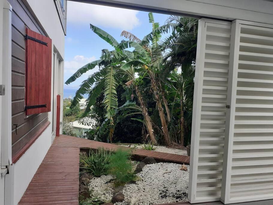 une porte donnant sur un balcon avec vue sur un palmier dans l'établissement T2 design pour 2 à Anse à l'Âne aux Trois Ilets, à Les Trois-Îlets