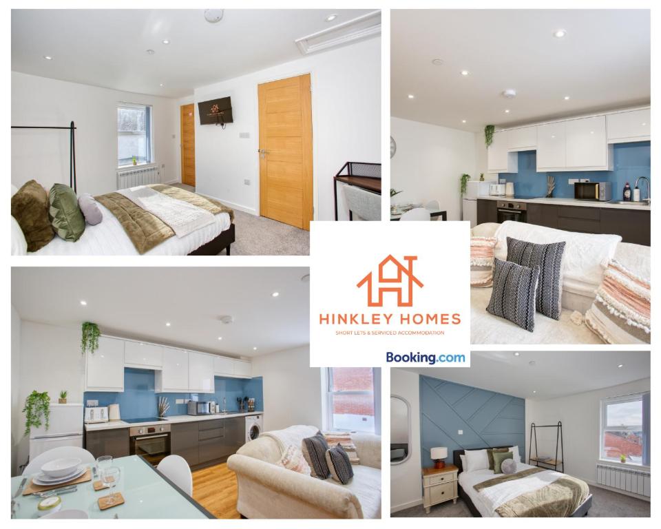 een collage van foto's van een slaapkamer en een woonkamer bij Cozy & Elegant 1bedroom House in Somerset Sleeps 2 By Hinkley Homes Short Lets & Serviced Accommodation in Bridgwater