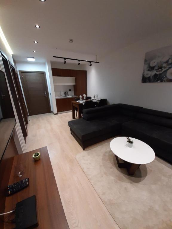 コパオニクにあるApart Hotel & Spa Zoned II, apartman Bebi, br 1411の黒いソファとテーブルのあるリビングルーム