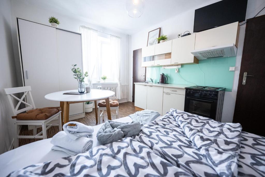 Kuchyň nebo kuchyňský kout v ubytování Apartmány Lanna