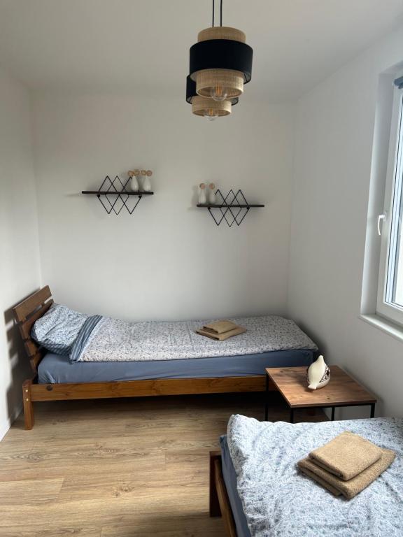 een slaapkamer met 2 aparte bedden en een lamp bij Apartament nad jeziorem in Pszczew