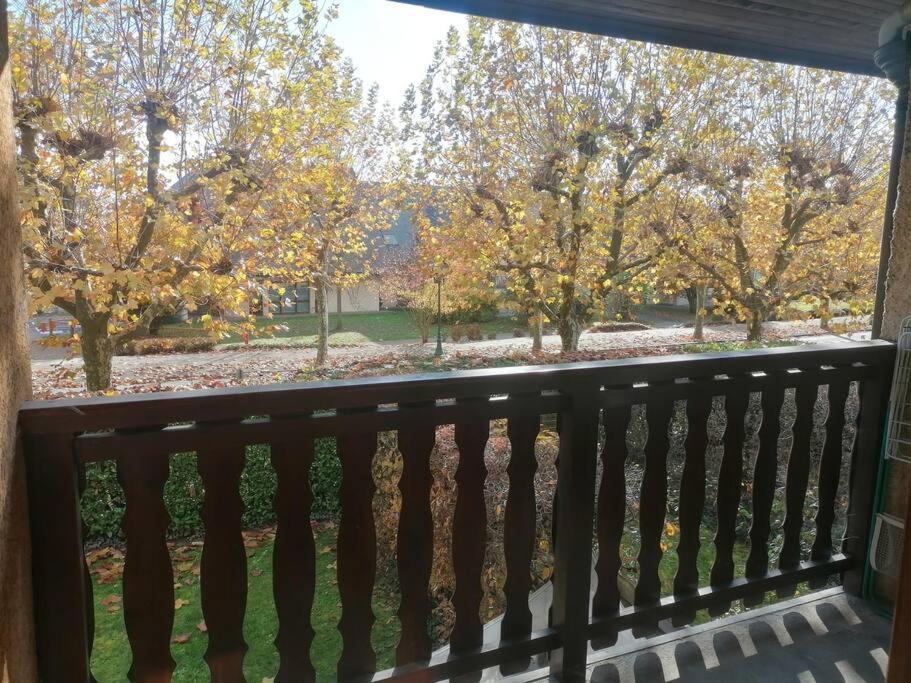 d'un balcon avec vue sur un parc arboré. dans l'établissement T1 Proche Annecy, à Épagny